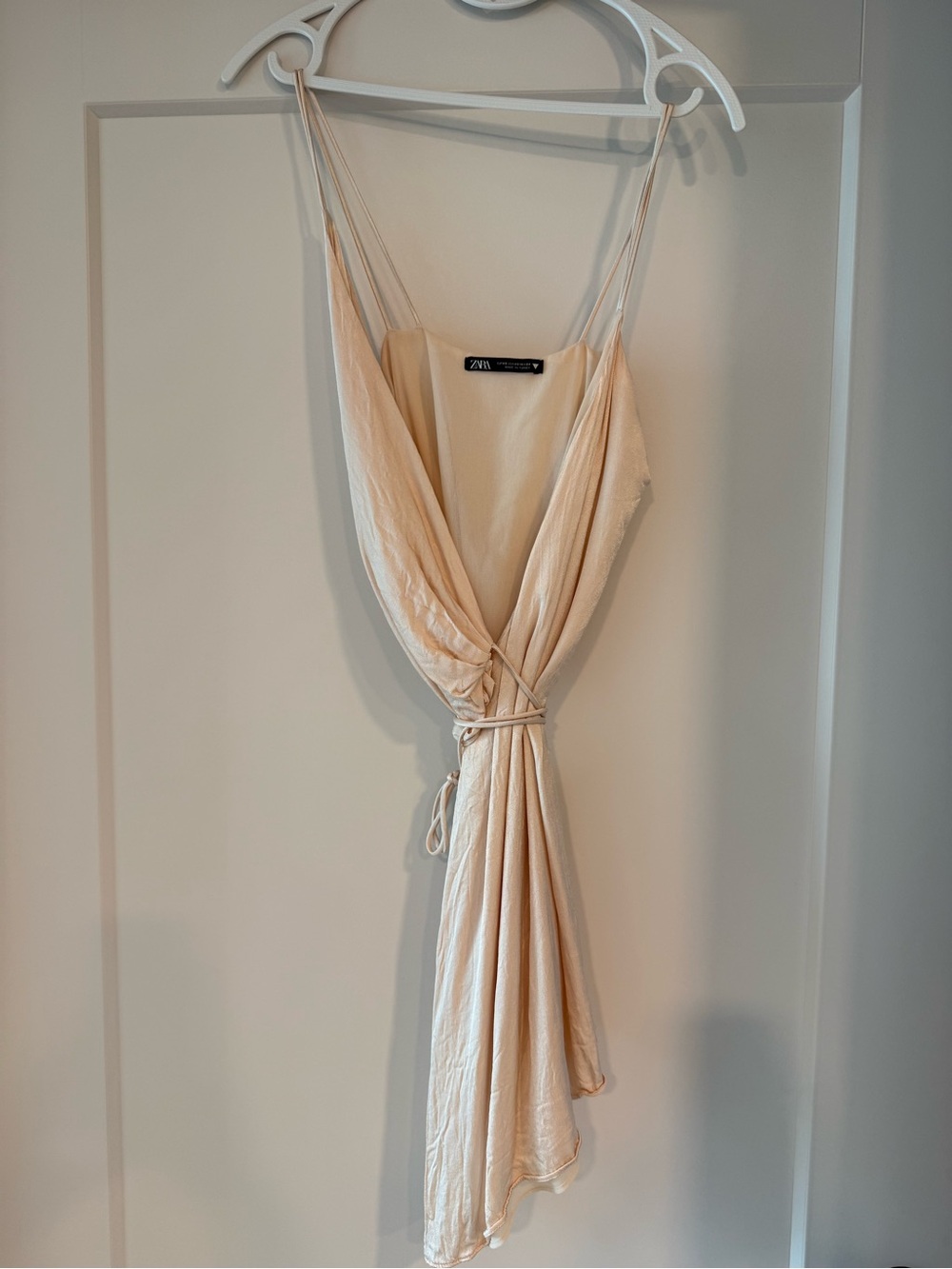 ZARA Pale Cream Satin Mini Slip Dress with Tie